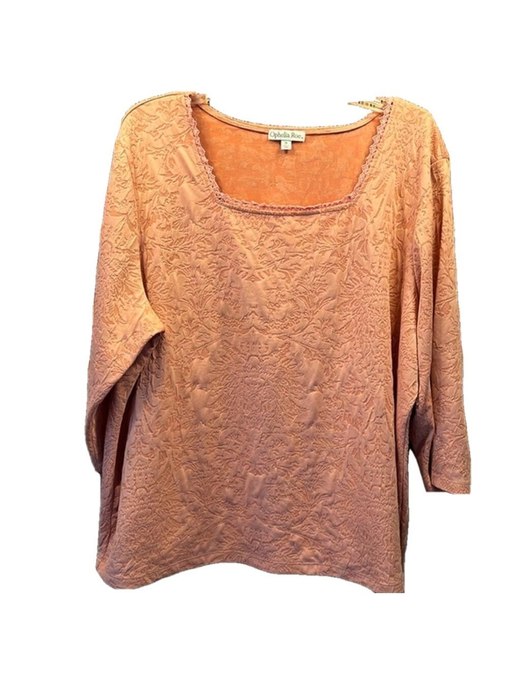 Ophelia Roe Top, 2X, Lt Orange w/lace look, PTP 26”, L26”, 95% Poly, 5% Spandex